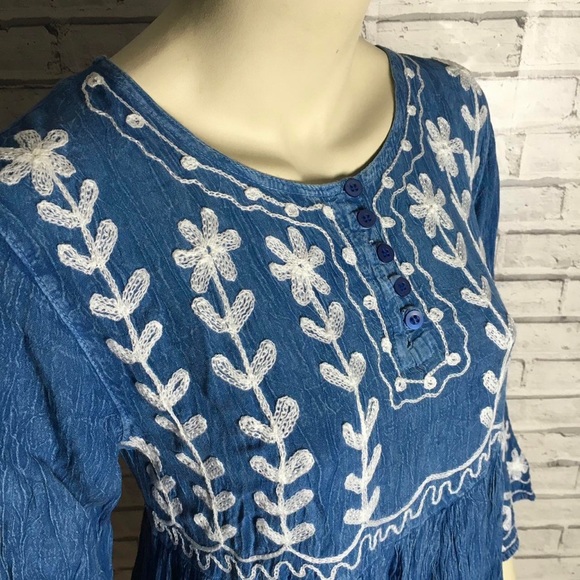 Vintage 90s Hippie Boho Smock Festival Embroidered Dress M/L - Picture 4 of 6